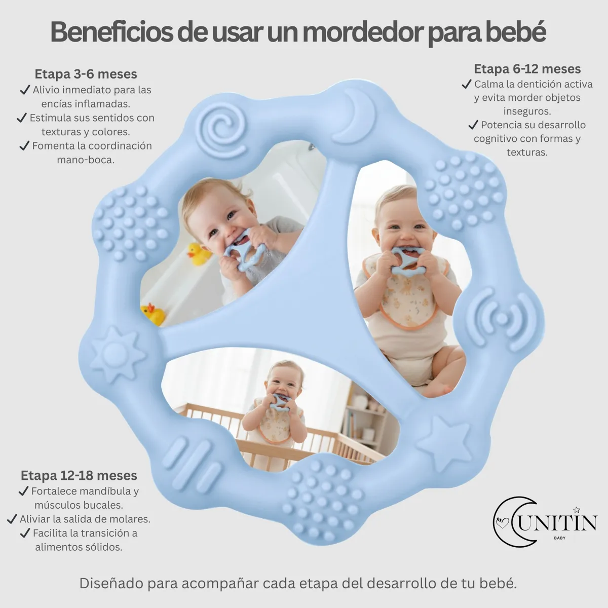 Bebé con mordedor y etapas de la dentición